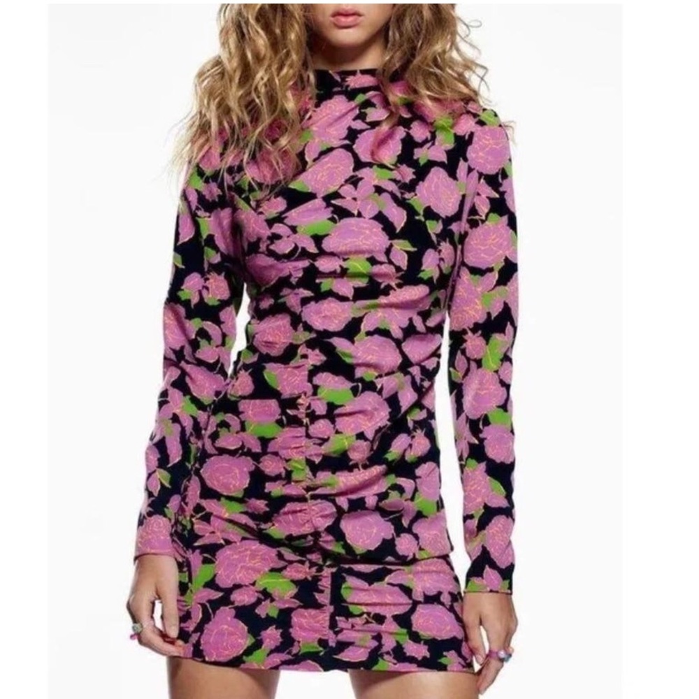 ZARA Floral Ruched Long Sleeve Mini Dress